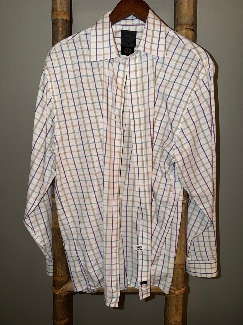 Men's White Plaid Dress Shirt with Purple and Tan Checks